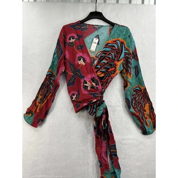 Anthropologie Conditions Apply Sleek Wrap Blouse Red Montif - Picture 4 of 12